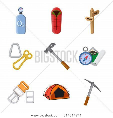 Vector Design Of Mountaineering And Peak Symbol. Set Of Mountaineering And Camp Vector Icon For Stoc
