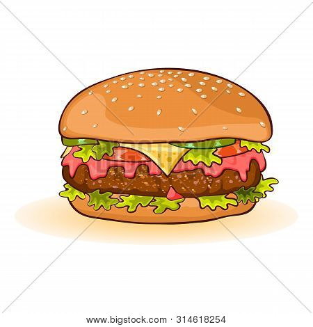 Calorific Fattening Fast Food. Cheeseburger With Slices Of Beef Patty, Cheese, Ketchup, Tomato, Cucu