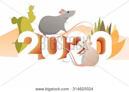Couple Of Rats And Cactuses. 2020, Outdoors, Mexica. New Year Vacation Concept. Vector Illustration 