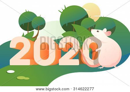 Pink Rat Outdoors, Tropical Trees And Sun. 2020, Outdoors, Travel. New Year Vacation Concept. Vector