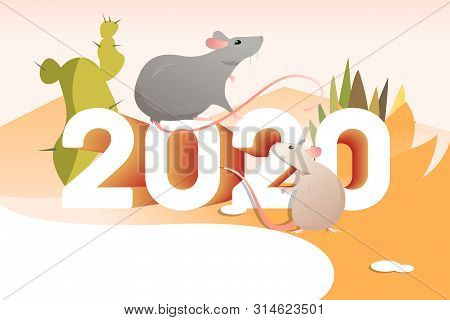 Two Rats And Cactuses. 2020, Tourism, Mexica. New Year Vacation Concept. Vector Illustration Can Be 