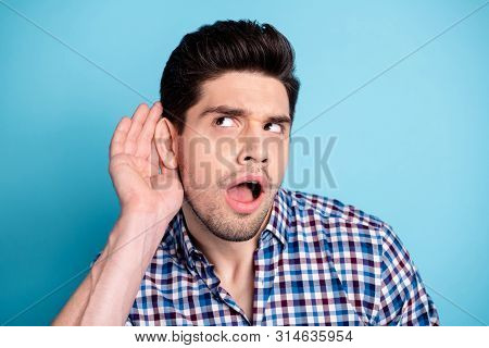 Close Up Photo Amazing He Him His Macho Listen Rumours Chatterbox Person Show Big Interest Hand Arm 