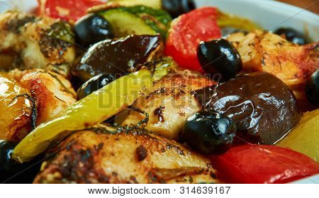 Greek Chicken Traybake,packed With Roasted Peppers, Tomatoes, Olives, Red Onion And Chicken.