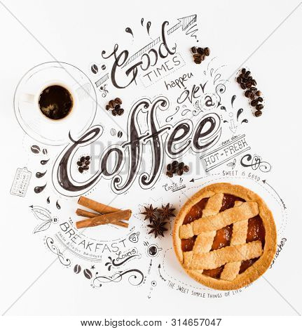 Hand Drawn Breakfast Lettering Typography with classic Phrases in a vintage composition with real cakes