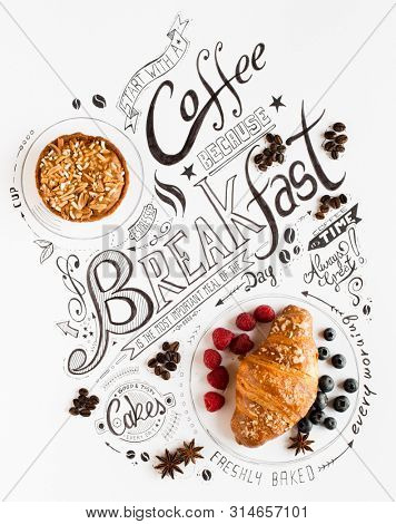Hand Drawn Breakfast Lettering Typography with classic Phrases in a vintage composition with real cakes