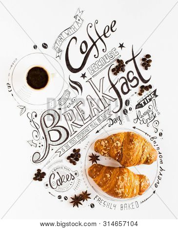 Hand Drawn Breakfast Lettering Typography with classic Phrases in a vintage composition with real cakes