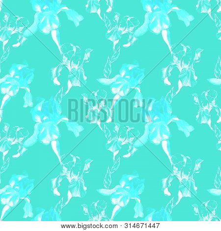 Floral Seamless Pattern With Hand Drawn Light Silhouettes Of Iris Flowers On Turquoise Background. F