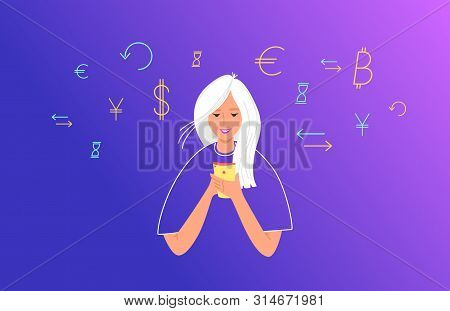 Online Banking And Electonic Wallets Concept Flat Vector Illustration. Teenage Girl Using Mobile Sma