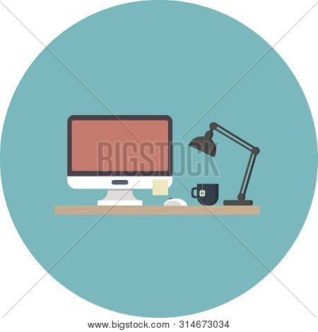 Flat Office Workplace Illustration. Desk, Cup Of Tea And Computer
