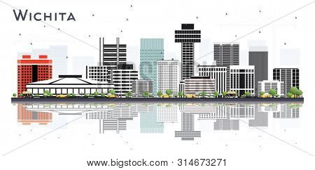 Wichita Kansas City Skyline with Gray Buildings and Reflections Isolated on White. Business Travel and Tourism Concept with Modern Architecture. Wichita Cityscape with Landmarks. 