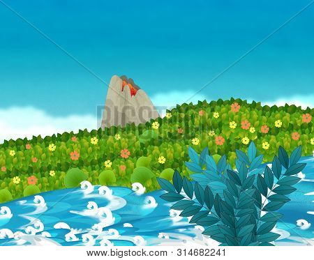 Cartoon Scene With Stream Or River Near Some Jungle And Active Volcano With Nobody On The Stage - Il