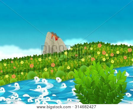 Cartoon Scene With Stream Or River Near Some Jungle And Active Volcano With Nobody On The Stage - Il