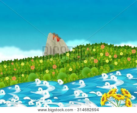Cartoon Scene With Stream Or River Near Some Jungle And Active Volcano With Nobody On The Stage - Il
