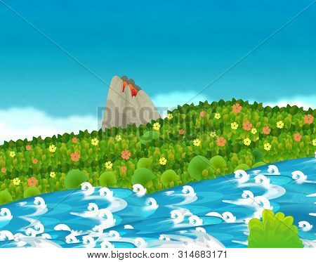 Cartoon Scene With Stream Or River Near Some Jungle And Active Volcano With Nobody On The Stage - Il