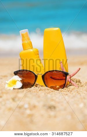 Sunblock On The Beach. Sun Protection. Selective Focus.
