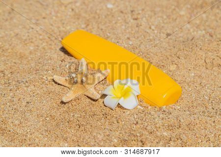 Sunblock On The Beach. Sun Protection. Selective Focus.