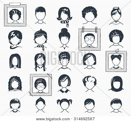 Set Of Avatar Or User Icons. Vector Illustration. Silhouettes Man And Woman. Adult, Youth And Child 