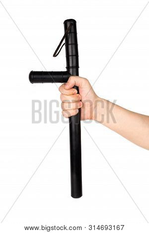 Bare Hand With Black Rubber Police Baton Isolated On White Background