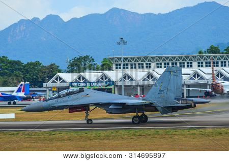 Langkawi, Malaysia - Mar 30, 2019. Royal Malaysian Air Force Sukhoi Su-30 Mkm Commencing Take-off Ru