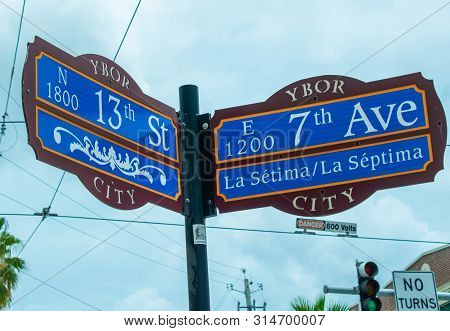 Tampa Bay, Florida. July 12, 2019  . 13th St And 7th Ave Sign At Ybor City.