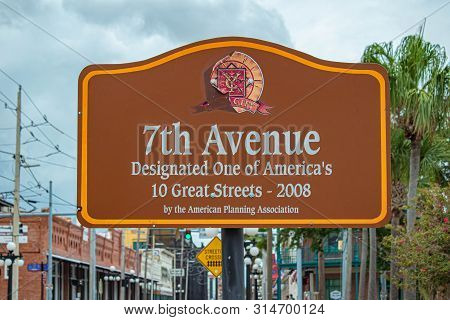 Tampa Bay, Florida. July 12, 2019  Top View Of 7tg Aveneu Sign At Ybor City.