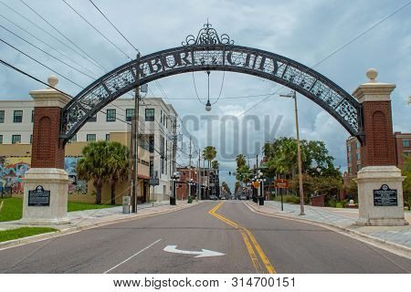 Tampa Bay, Florida. July 12, 2019  Ybor City Arch On 7th Aveneu In Historic District 3
