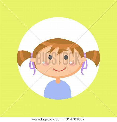 Schoolgirl With Pony Tails, Child Or Little Girl Avatar Vector. Kid With Ribbons In Brown Hair And F