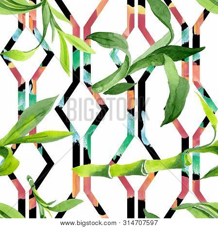Bamboo Green Leaves. Watercolor Background Illustration Set. Seamless Background Pattern.