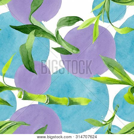 Bamboo Green Leaves. Watercolor Background Illustration Set. Seamless Background Pattern.