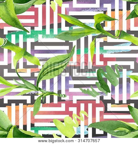 Bamboo Green Leaves. Watercolor Background Illustration Set. Seamless Background Pattern.
