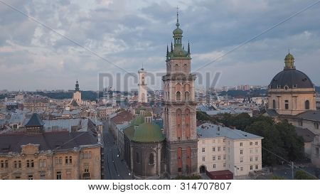 Aerial Roofs And Streets Old City Lviv, Ukraine. Central Part Of Old European City In Morning. Panor