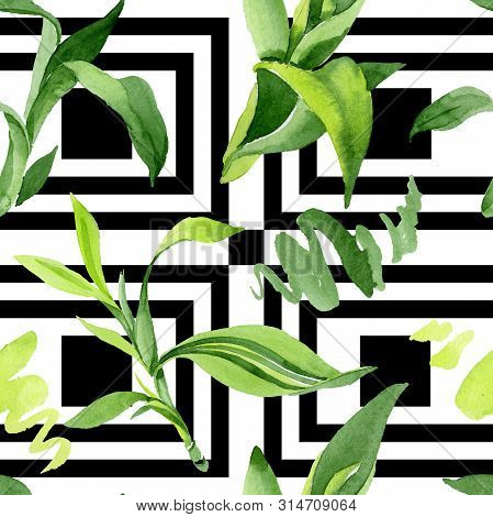 Bamboo Green Leaves. Watercolor Background Illustration Set. Seamless Background Pattern.