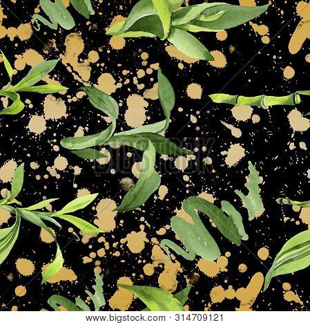 Bamboo Green Leaves. Watercolor Background Illustration Set. Seamless Background Pattern.