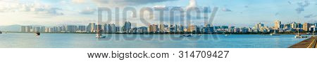 Sanya Town Evening Cityscape, View From Phoenix Island On Hainan Island In China