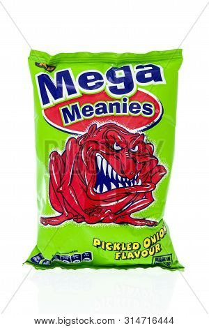 Winneconne, Wi - 10 July 2019 : A Package Of Mega Meanies Pickled Onion Flavour Chips On An Isolated