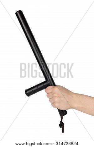 Bare Hand With Black Rubber Police Baton Isolated On White Background