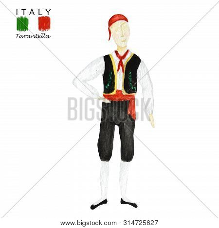 National Costume Dancing An Italian Tarantella On White Background. Man Dancer In Red Black Folk Cos