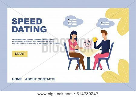 Landing Page Inviting On Effective Speed Dating. Flat Cartoon Man And Woman Characters Flirting And 