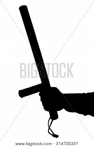 A Black And White Silhouette Of Hand In Shirt With Rubber Police Baton Isolated On White Background