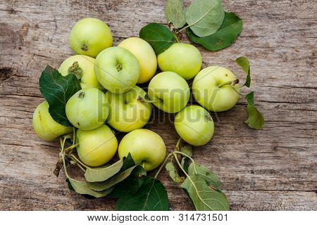 Fresh Ripe Apples On Rustic Wooden Table. Top View