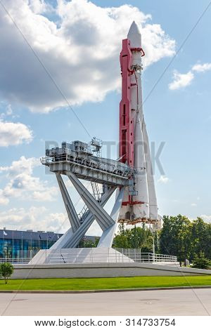 Moscow, Russia - July 22, 2019: Ready To Launch Model Of Soviet Space Rocket Vostok In Vdnh Park In 