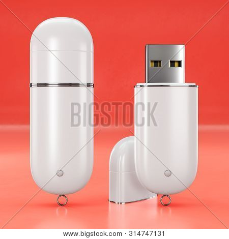 3d Render Illustration Of A Flashdrive Mockup On Color Background. Front View.