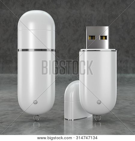 3d Render Illustration Of A Flashdrive Mockup On Concrete Background. Front View.