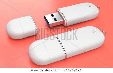 3d Render Illustration Of A Flashdrive Mockup On Color Background. Perspective View.