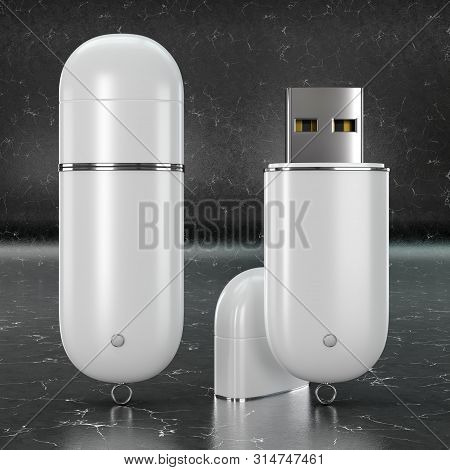 3d Render Illustration Of A Flashdrive Mockup On Black Marble Background. Front View.