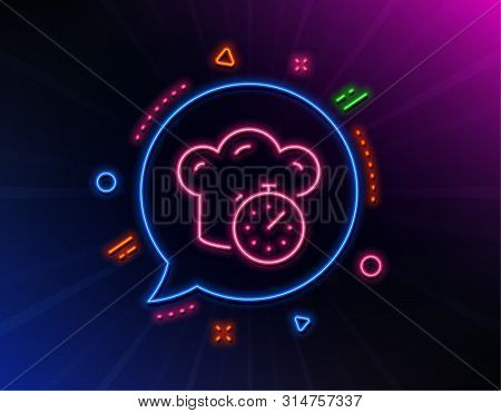 Cooking Timer Line Icon. Neon Laser Lights. Frying Stopwatch Sign. Food Preparation Symbol. Glow Las