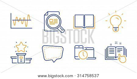 Book, Chat Message And Winner Podium Line Icons Set. Check Article, Light Bulb And Stock Analysis Si