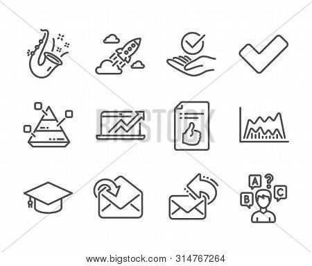 Set Of Education Icons, Such As Graduation Cap, Approved, Share Mail, Trade Chart, Quiz Test, Sales 