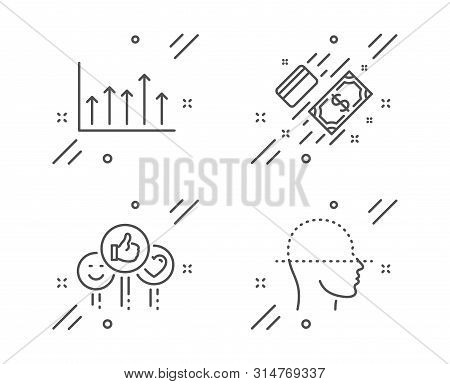 Like, Growth Chart And Payment Line Icons Set. Face Scanning Sign. Social Media Likes, Upper Arrows,
