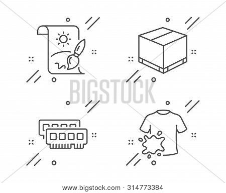 Creative Painting, Delivery Box And Ram Line Icons Set. Dirty T-shirt Sign. Graphic Art, Cargo Packa